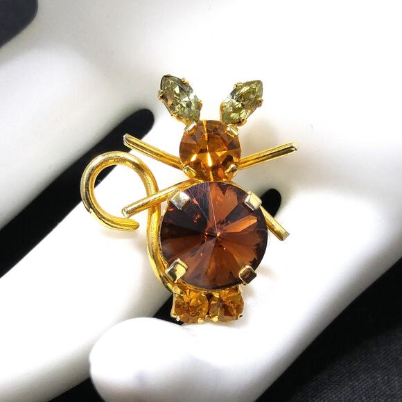 Vintage Austria Crystal Mouse Brooch, 1 Inch Figural Topaz & Citrine Rhinestones - Picture 2 of 10